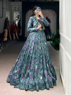 Lorenvalley Fashion Teal Tasar Silk Printed Lehenga Choli with Koti - Distacart