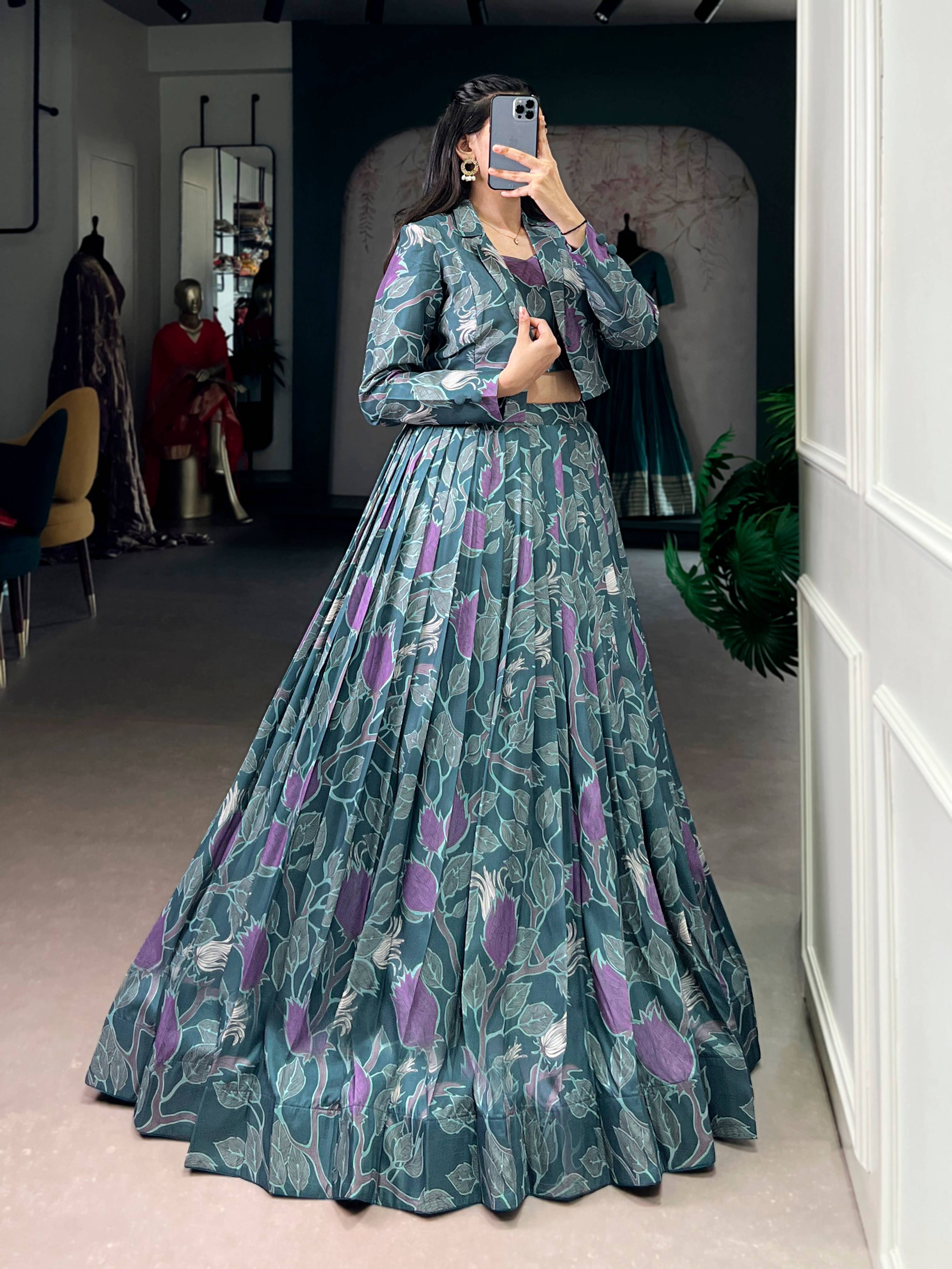 Lorenvalley Fashion Teal Tasar Silk Printed Lehenga Choli with Koti - Distacart