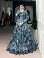 Lorenvalley Fashion Teal Tasar Silk Printed Lehenga Choli with Koti - Distacart