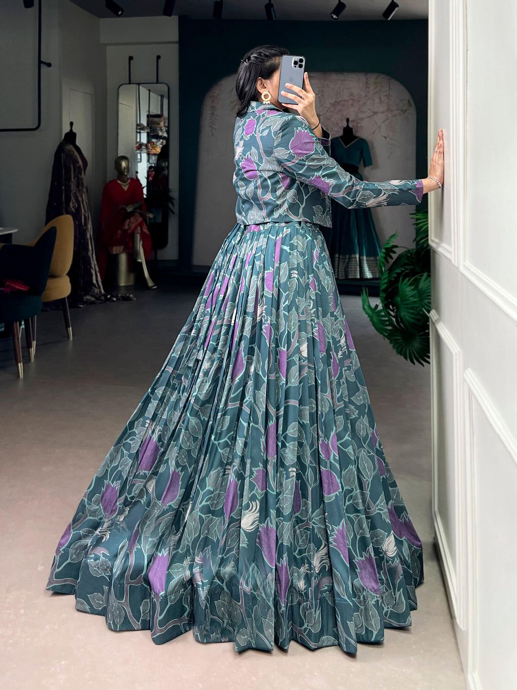 Lorenvalley Fashion Teal Tasar Silk Printed Lehenga Choli with Koti - Distacart
