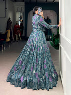 Lorenvalley Fashion Teal Tasar Silk Printed Lehenga Choli with Koti - Distacart