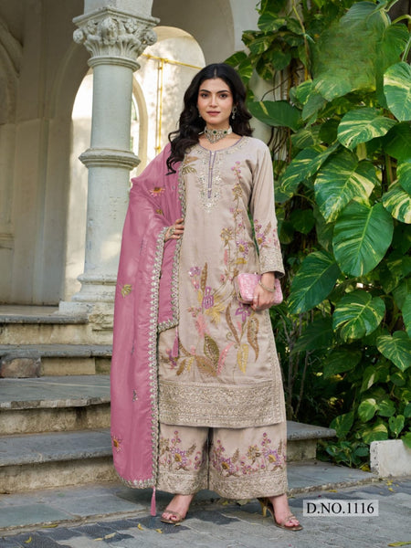 Anaita Cream Shimmer Stitched Plazzo Suit With Codding Dori & Sequence Work