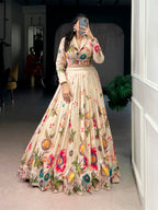 Lorenvalley Fashion Cream Tasar Silk Floral Print Lehenga Choli Co-ord Set - Distacart