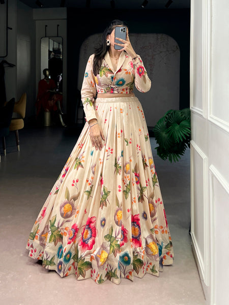 Lorenvalley Fashion Cream Tasar Silk Floral Print Lehenga Choli Co-ord Set