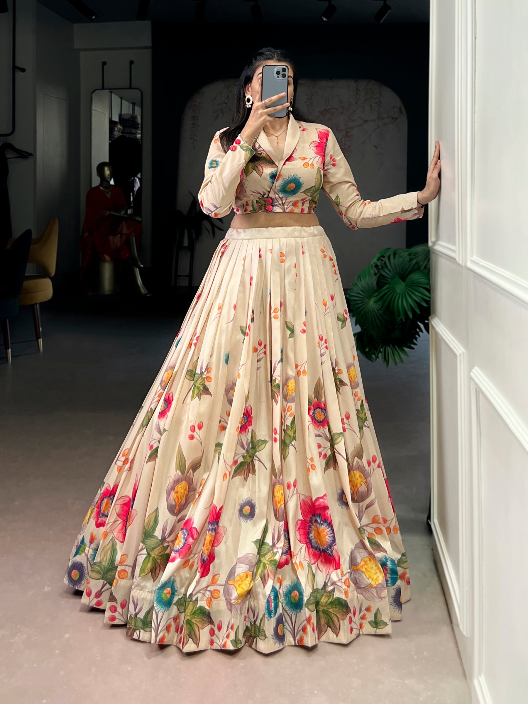 Lorenvalley Fashion Cream Tasar Silk Floral Print Lehenga Choli Co-ord Set - Distacart