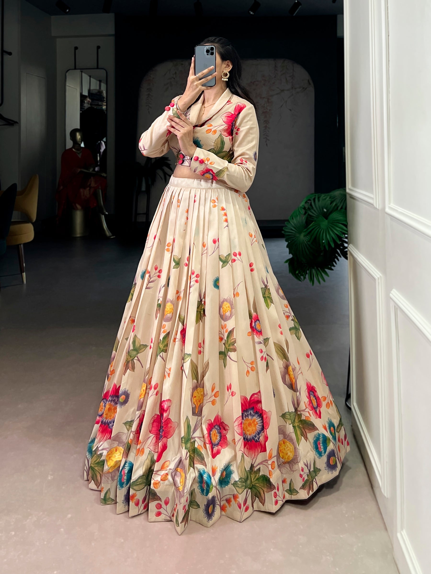 Lorenvalley Fashion Cream Tasar Silk Floral Print Lehenga Choli Co-ord Set - Distacart
