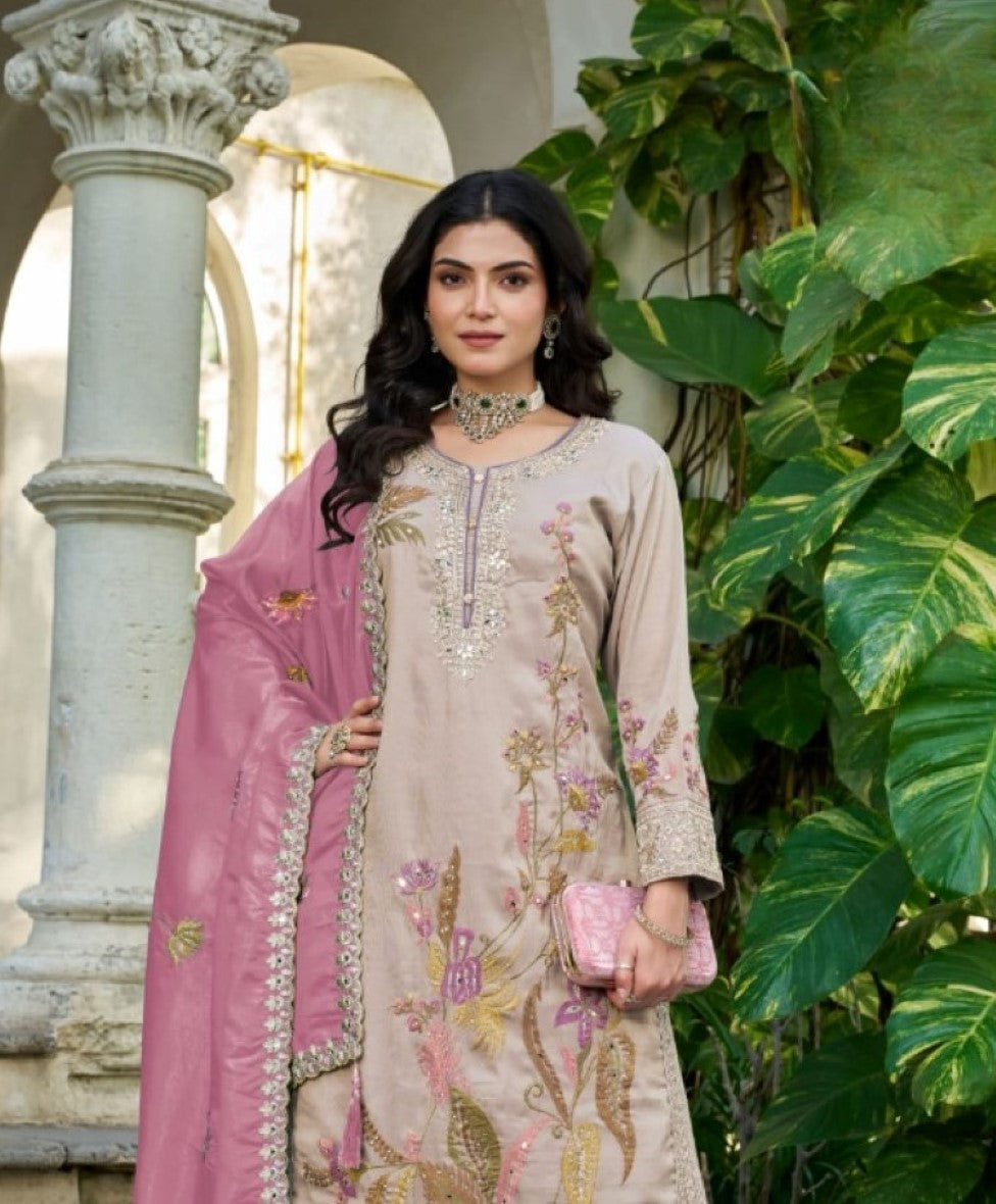 Anaita Cream Shimmer Stitched Plazzo Suit With Codding Dori & Sequence Work - Distacart