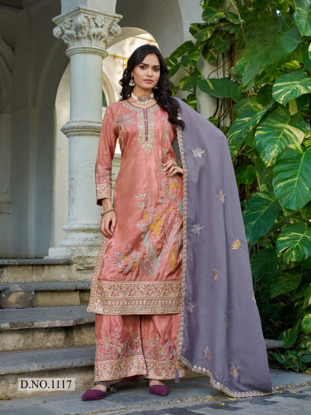 Anaita Peach Shimmer Stitched Plazzo Suit With Codding Dori & Sequence Work - Distacart
