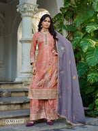 Anaita Peach Shimmer Stitched Plazzo Suit With Codding Dori & Sequence Work - Distacart