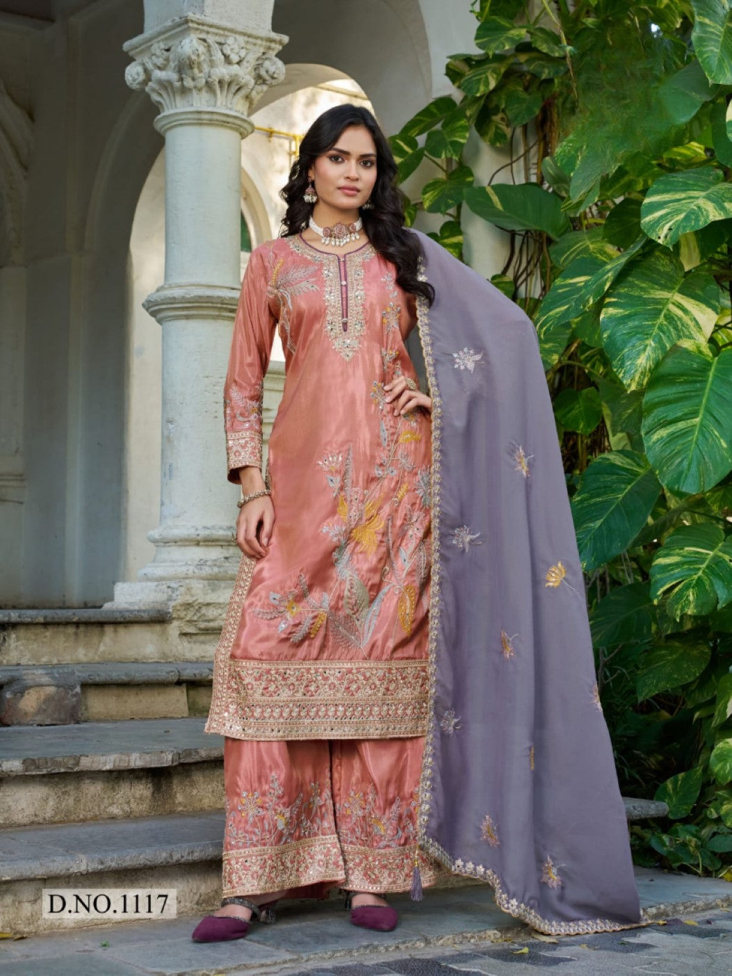 Anaita Peach Shimmer Stitched Plazzo Suit With Codding Dori & Sequence Work - Distacart