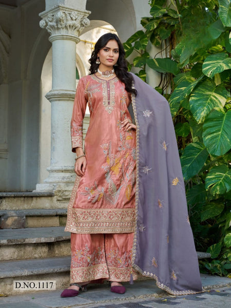 Anaita Peach Shimmer Stitched Plazzo Suit With Codding Dori & Sequence Work