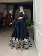 Lorenvalley Black Georgette Sequins and Thread Embroidery Work Lehenga Choli