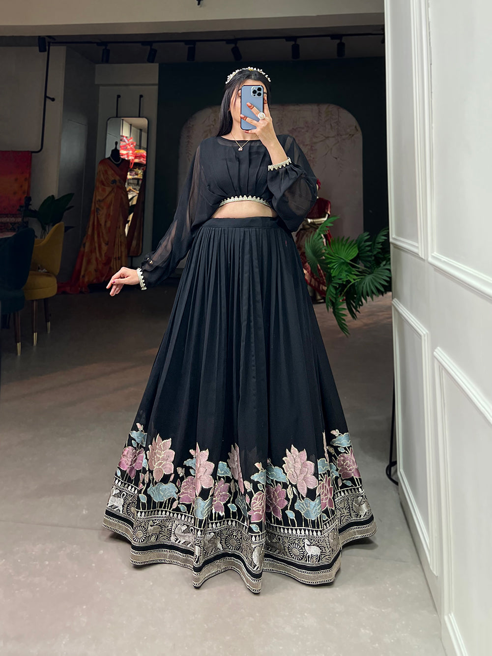 Lorenvalley Black Georgette Sequins and Thread Embroidery Work Lehenga Choli