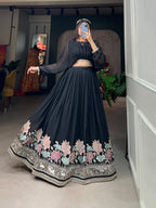 Lorenvalley Black Georgette Sequins and Thread Embroidery Work Lehenga Choli