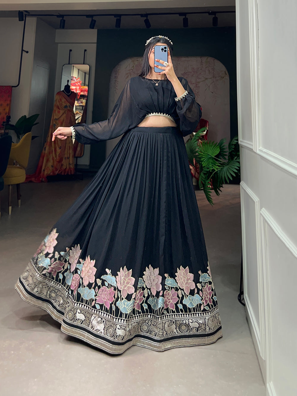 Lorenvalley Black Georgette Sequins and Thread Embroidery Work Lehenga Choli