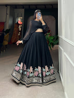 Lorenvalley Black Georgette Sequins and Thread Embroidery Work Lehenga Choli
