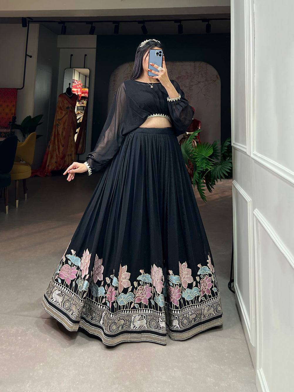 Lorenvalley Black Georgette Sequins and Thread Embroidery Work Lehenga Choli
