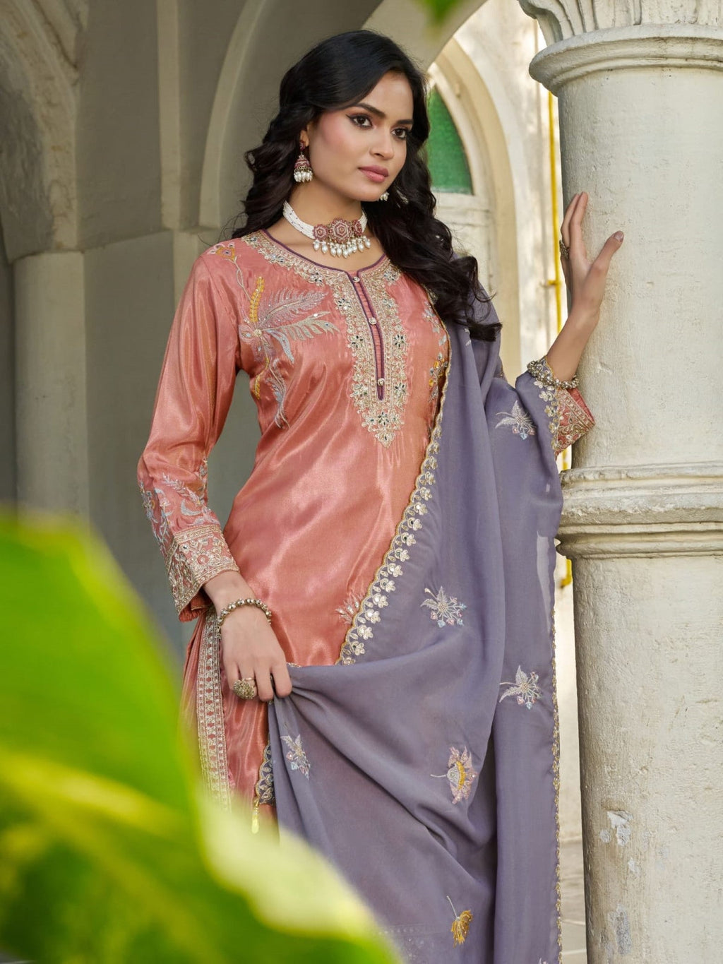 Anaita Peach Shimmer Stitched Plazzo Suit With Codding Dori & Sequence Work - Distacart