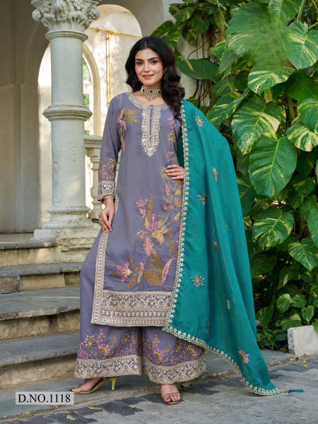 Anaita Grey Shimmer Stitched Plazzo Suit With Codding Dori & Sequence Work