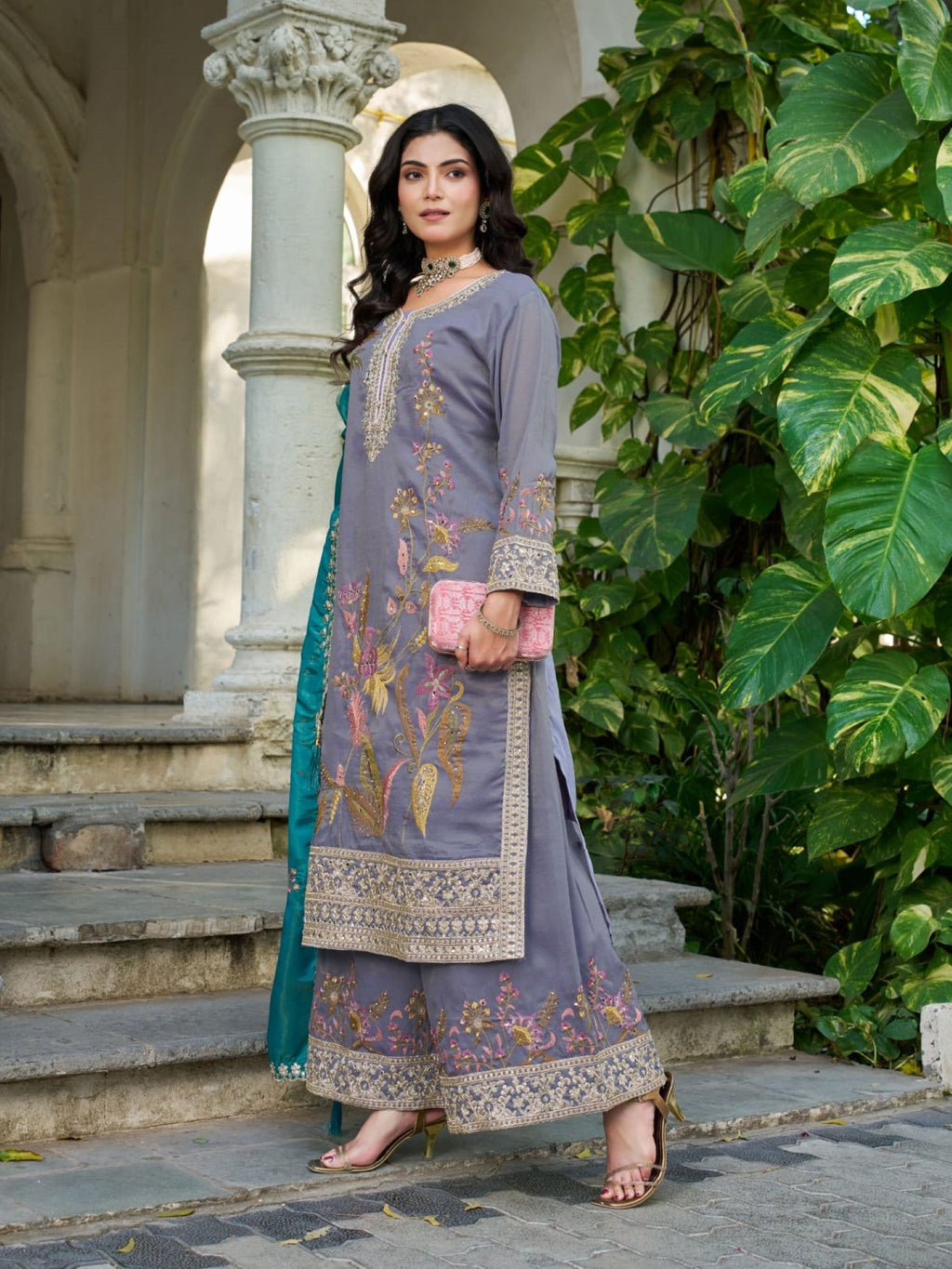 Anaita Grey Shimmer Stitched Plazzo Suit With Codding Dori & Sequence Work - Distacart