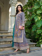 Anaita Grey Shimmer Stitched Plazzo Suit With Codding Dori & Sequence Work - Distacart