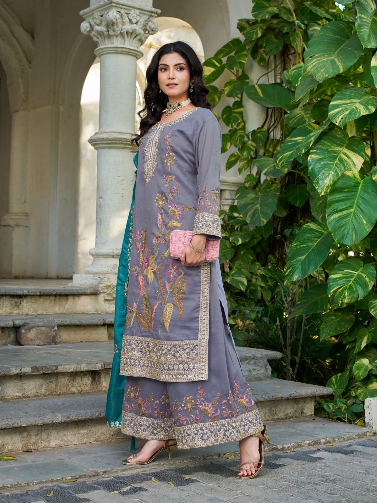 Anaita Grey Shimmer Stitched Plazzo Suit With Codding Dori & Sequence Work - Distacart