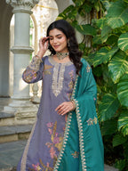 Anaita Grey Shimmer Stitched Plazzo Suit With Codding Dori & Sequence Work - Distacart