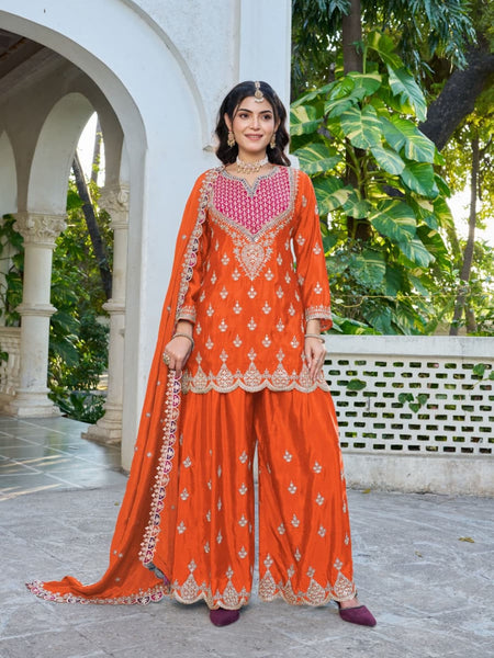 Anaita Orange Chinon Stitched Plazzo Suit With Dhaga & Sequence Work