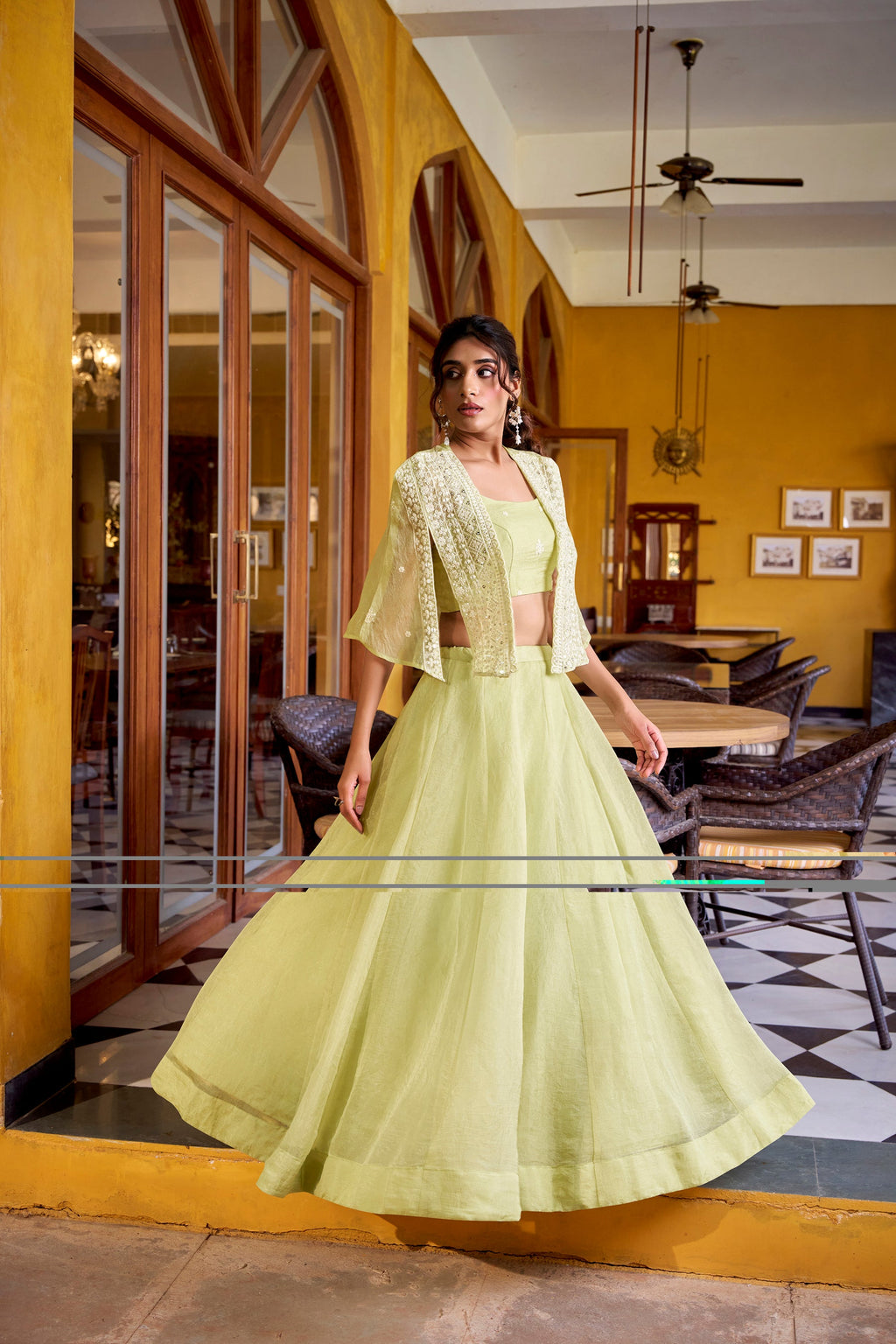 Lorenvalley Fashion Limegreen Allnen Crush Plain Lehenga Choli with Koti - Distacart