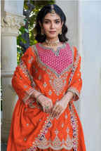 Anaita Orange Chinon Stitched Plazzo Suit With Dhaga & Sequence Work - Distacart