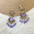 Tehzeeb Creations Latest Gold Polish Kundan & Pearl Studded Designer Drop Long Earrings For Women And Girls Lavender - Distacart