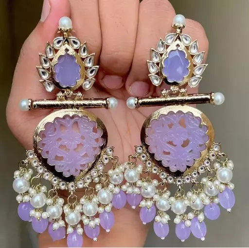 Tehzeeb Creations Latest Gold Polish Kundan & Pearl Studded Designer Drop Long Earrings For Women And Girls Lavender - Distacart