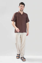Xkind Brown Horizontal Pleated Stripes Relaxed Fit Shirt