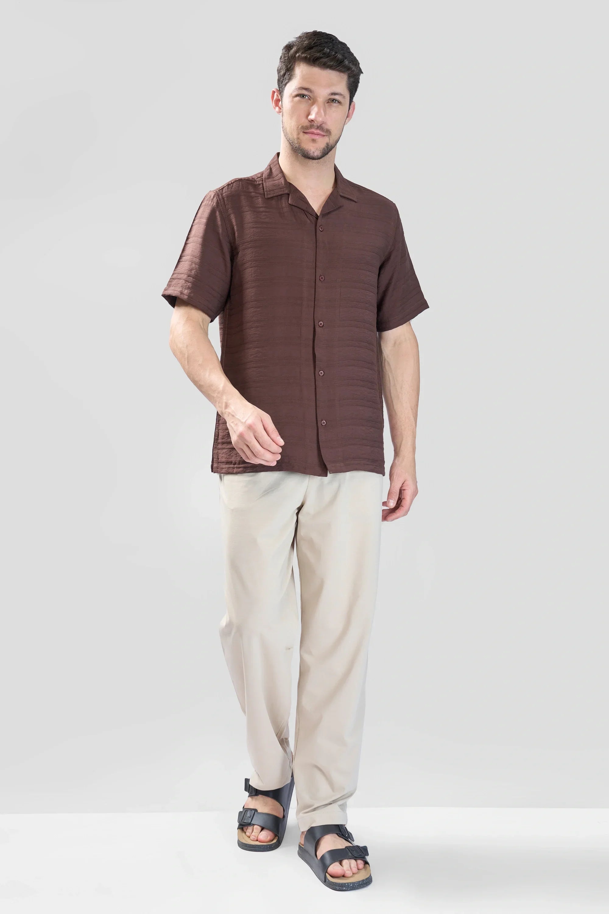 Xkind Brown Horizontal Pleated Stripes Relaxed Fit Shirt
