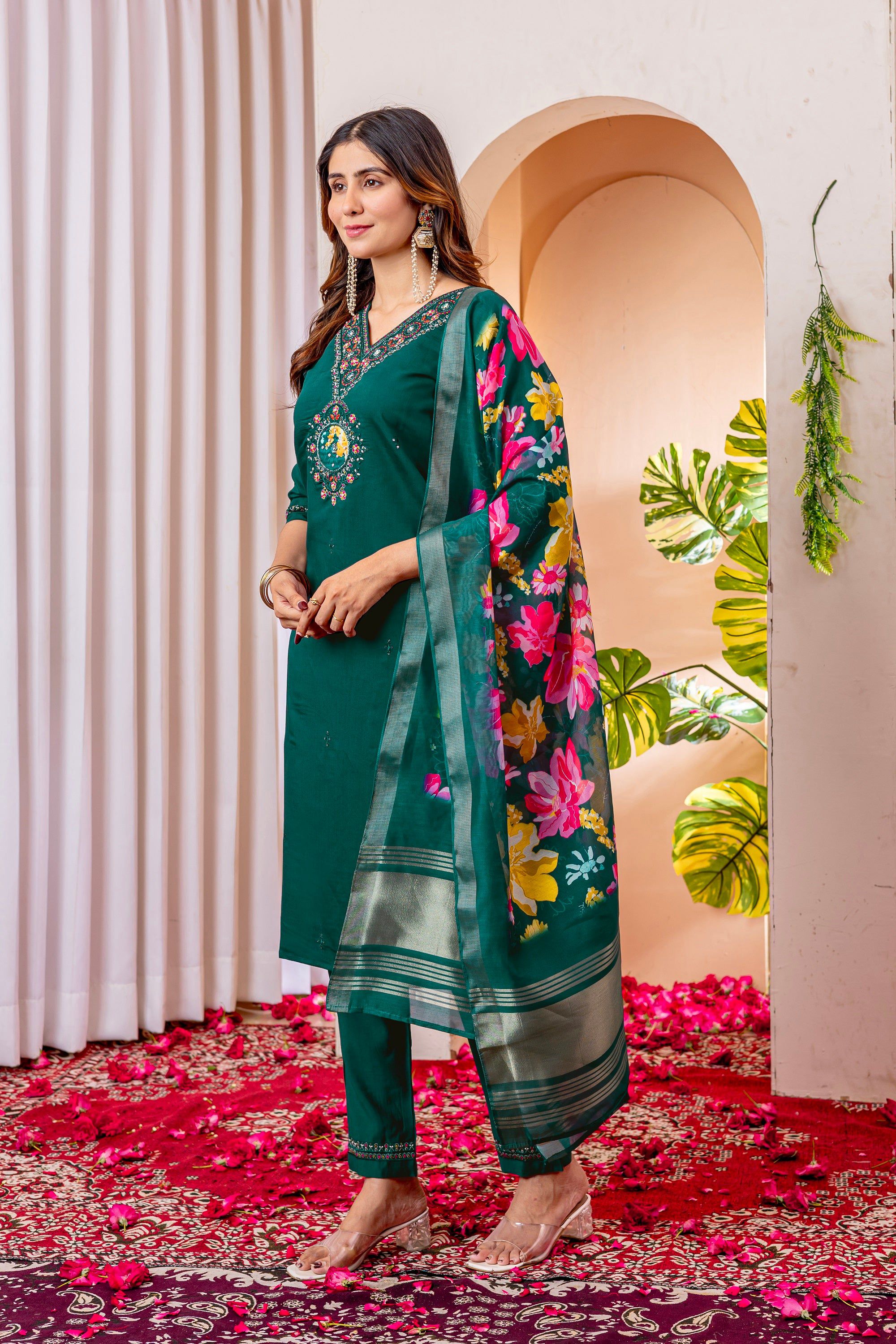 Vedant Vastram Viscose Silk Embroidery & Sequence Work Stitched Kurta Pant Dupatta Set-Green - Distacart