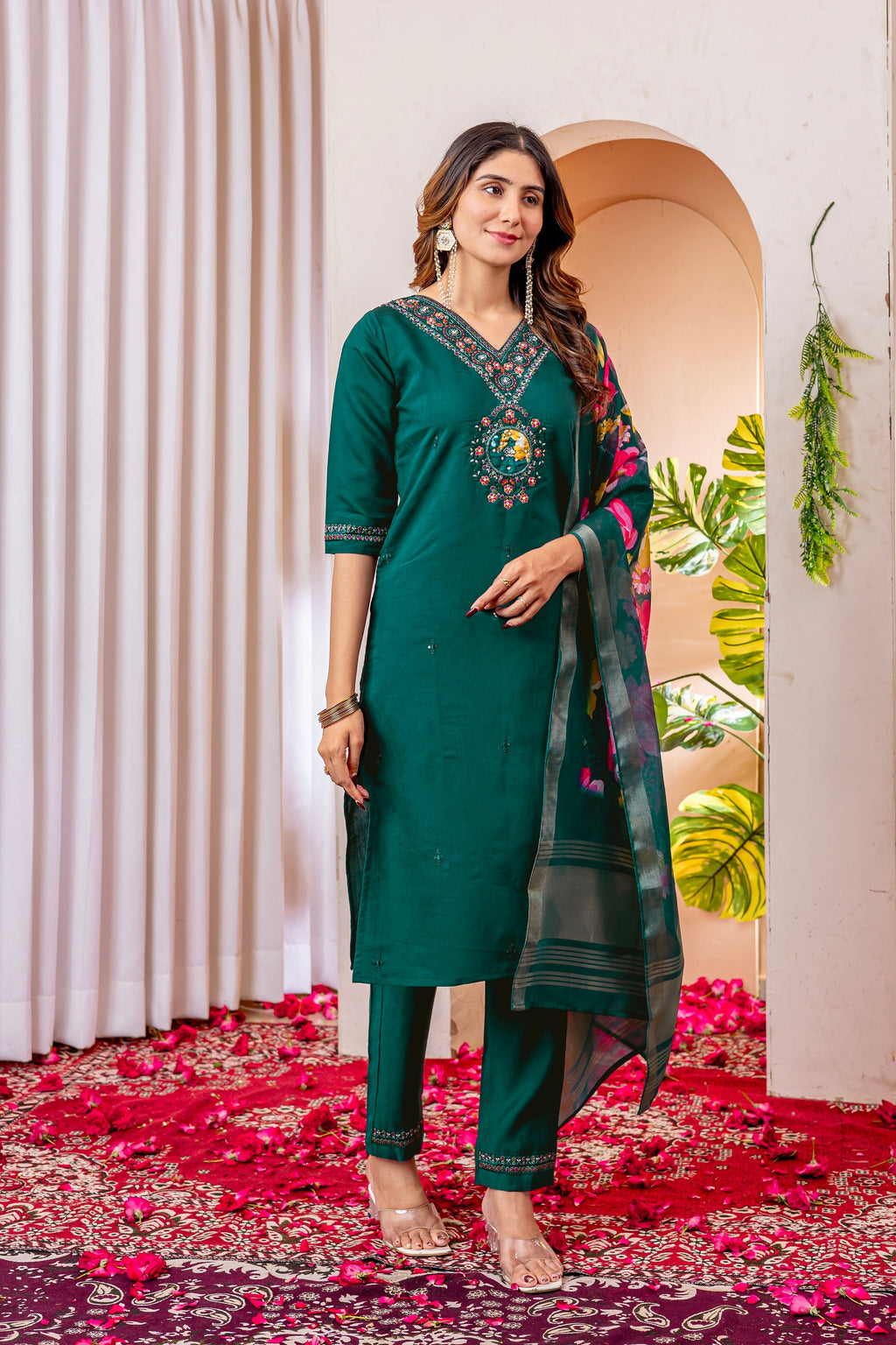 Vedant Vastram Viscose Silk Embroidery & Sequence Work Stitched Kurta Pant Dupatta Set-Green - Distacart