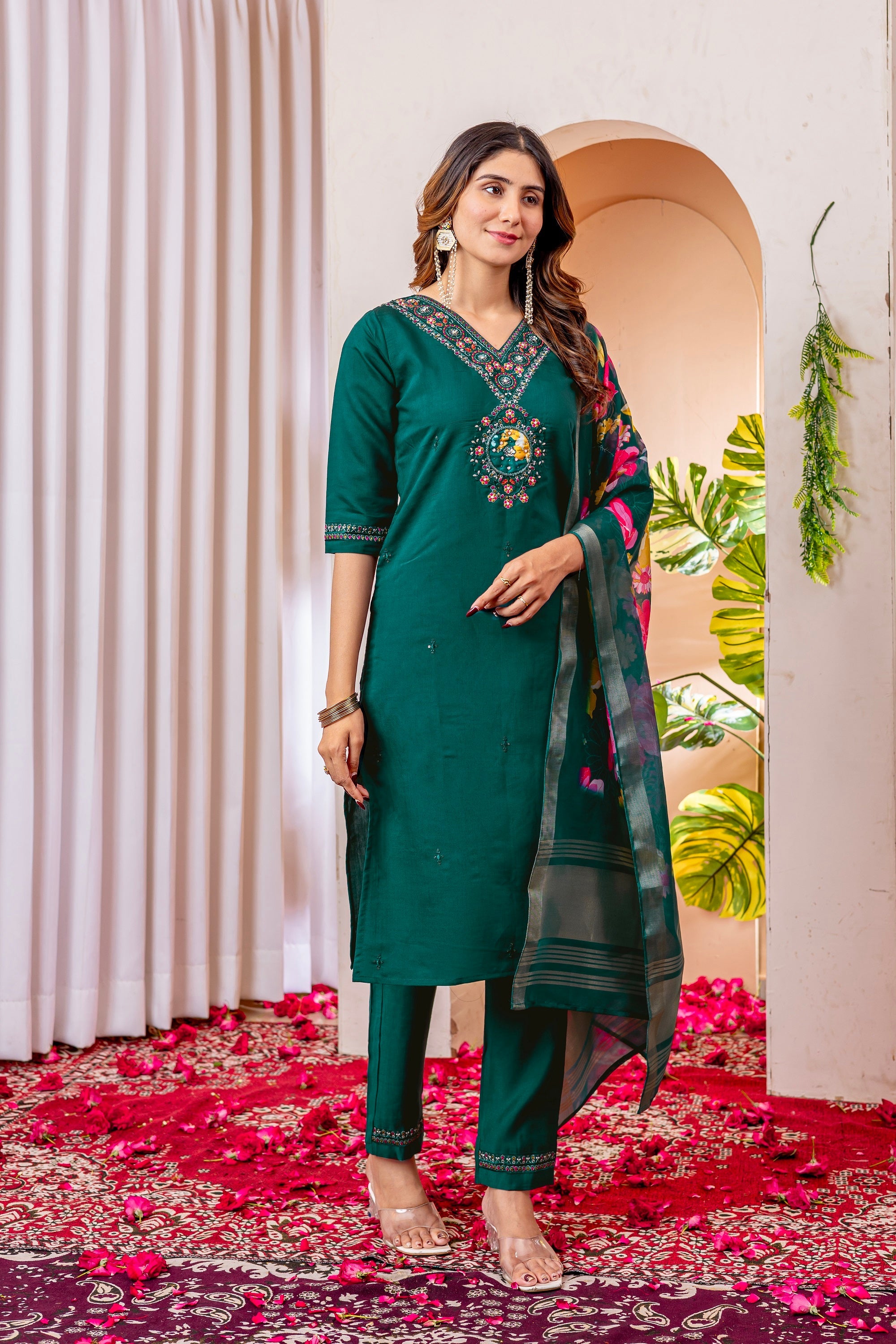 Vedant Vastram Viscose Silk Embroidery & Sequence Work Stitched Kurta Pant Dupatta Set-Green - Distacart