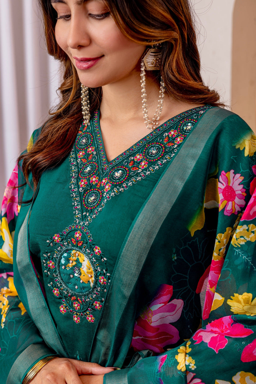 Vedant Vastram Viscose Silk Embroidery & Sequence Work Stitched Kurta Pant Dupatta Set-Green - Distacart
