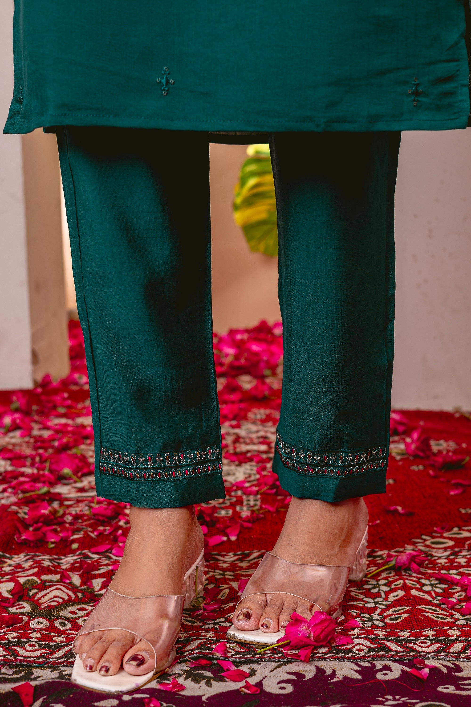 Vedant Vastram Viscose Silk Embroidery & Sequence Work Stitched Kurta Pant Dupatta Set-Green - Distacart