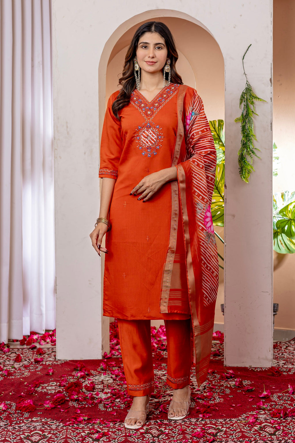 Vedant Vastram Viscose Silk Embroidery & Sequence Work Stitched Kurta Pant Dupatta Set-Orange - Distacart