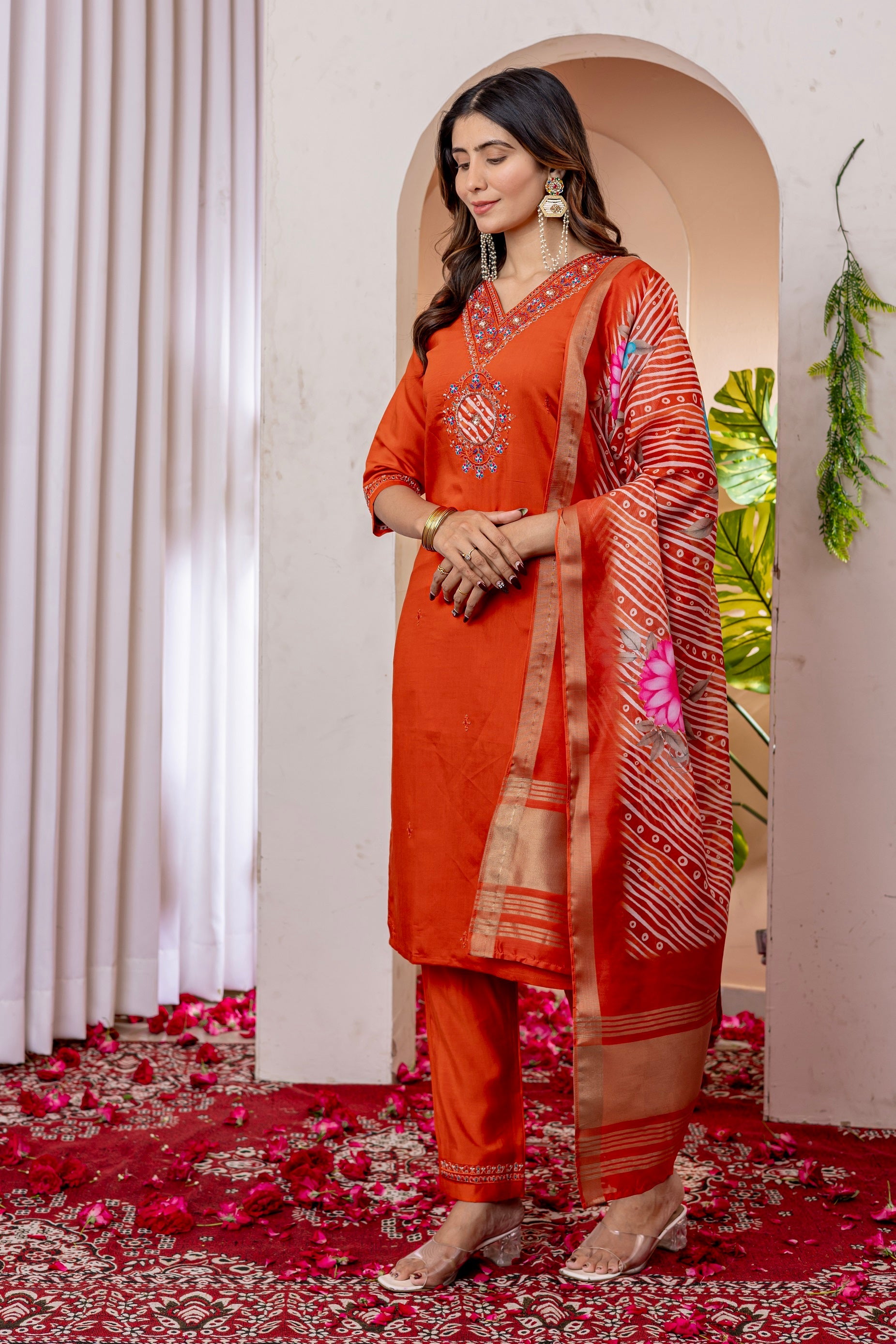 Vedant Vastram Viscose Silk Embroidery & Sequence Work Stitched Kurta Pant Dupatta Set-Orange - Distacart