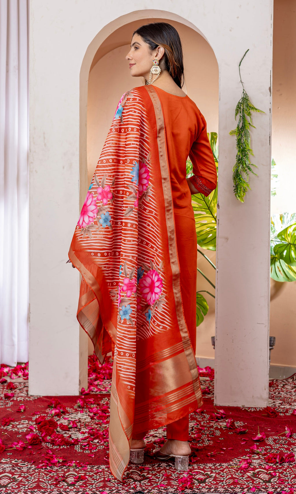 Vedant Vastram Viscose Silk Embroidery & Sequence Work Stitched Kurta Pant Dupatta Set-Orange - Distacart
