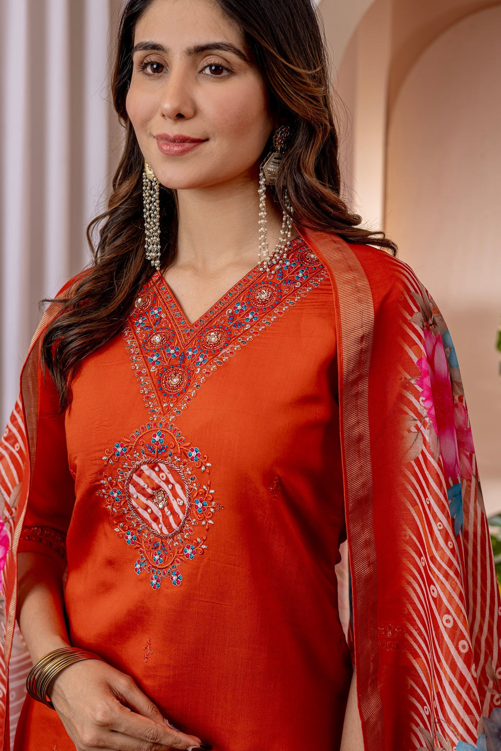 Vedant Vastram Viscose Silk Embroidery & Sequence Work Stitched Kurta Pant Dupatta Set-Orange - Distacart