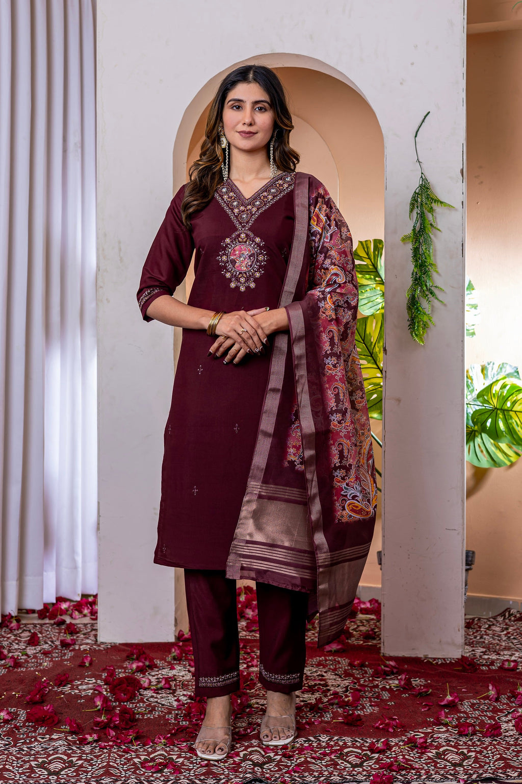 Vedant Vastram Viscose Silk Embroidery & Sequence Work Stitched Kurta Pant Dupatta Set-Wine - Distacart