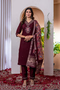 Vedant Vastram Viscose Silk Embroidery & Sequence Work Stitched Kurta Pant Dupatta Set-Wine - Distacart