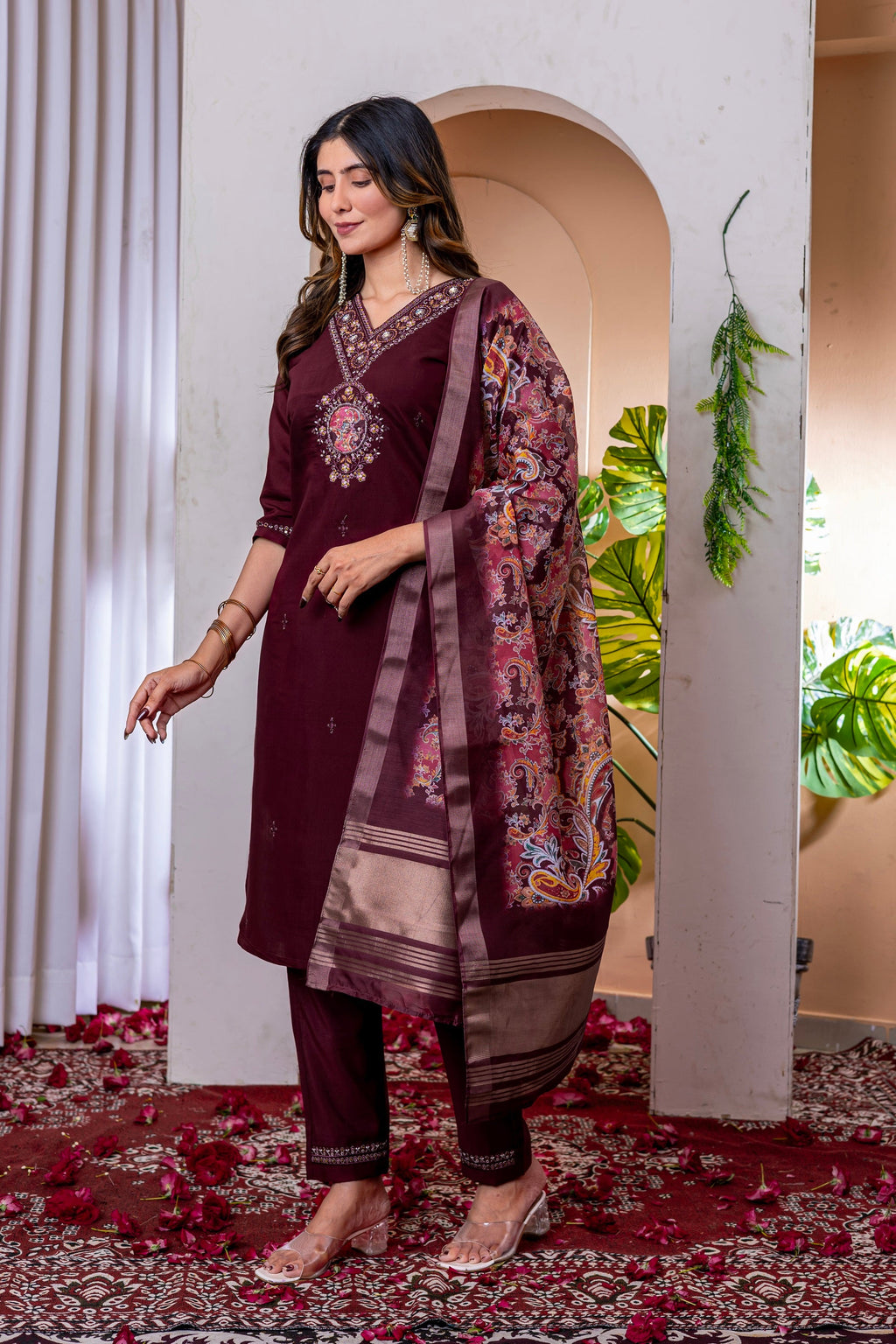 Vedant Vastram Viscose Silk Embroidery & Sequence Work Stitched Kurta Pant Dupatta Set-Wine - Distacart