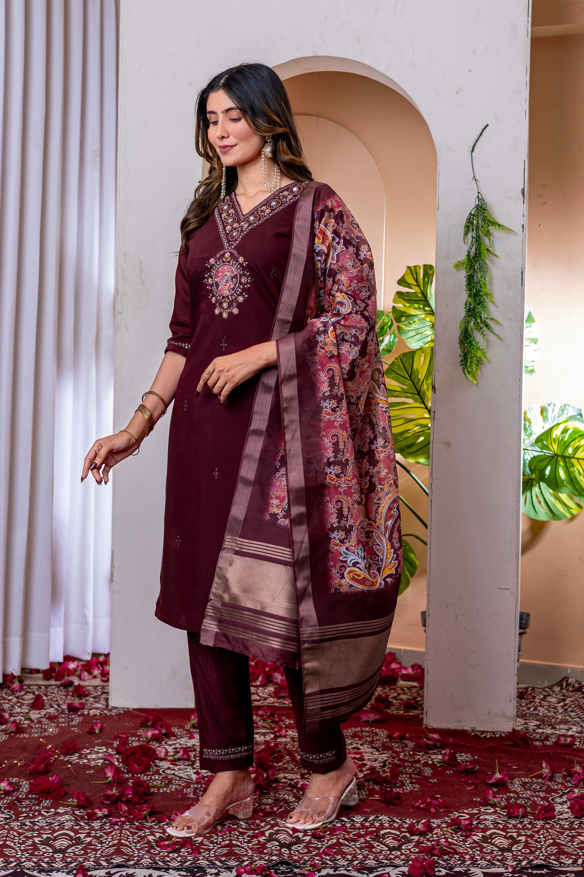 Vedant Vastram Viscose Silk Embroidery & Sequence Work Stitched Kurta Pant Dupatta Set-Wine - Distacart