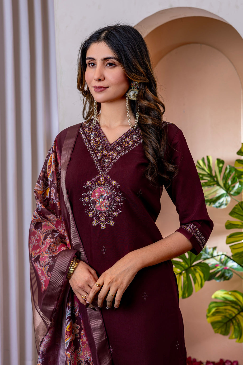 Vedant Vastram Viscose Silk Embroidery & Sequence Work Stitched Kurta Pant Dupatta Set-Wine - Distacart
