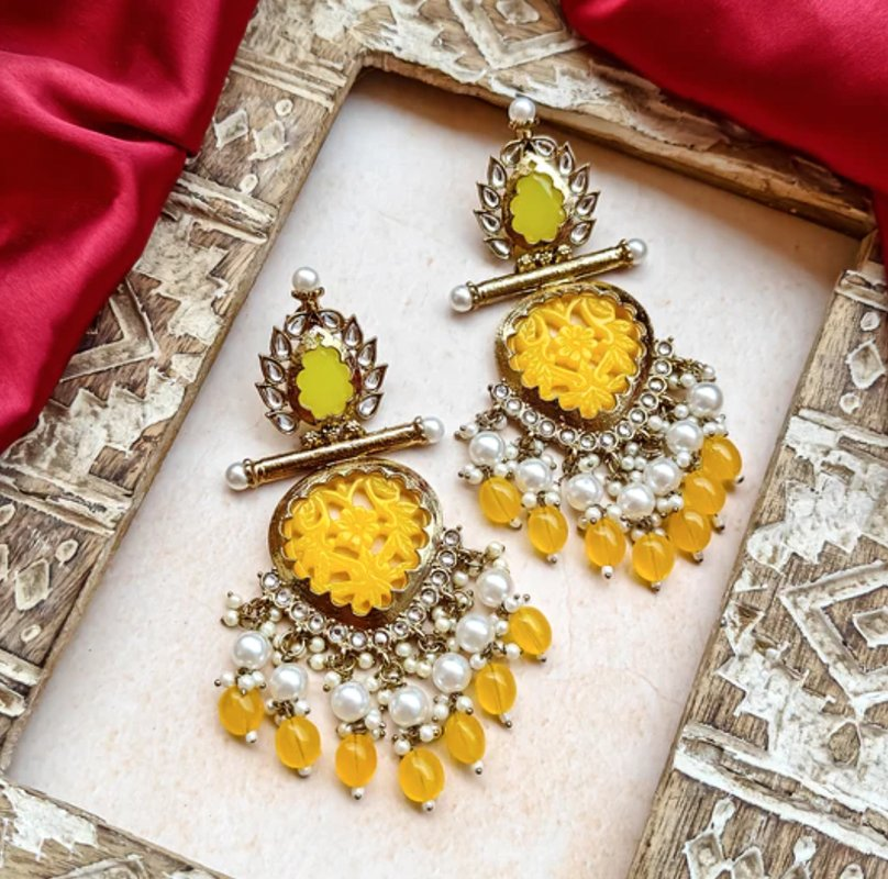 Tehzeeb Creations Latest Gold Polish Kundan & Pearl Studded Designer Drop Long Earrings For Women And Girls Yellow - Distacart