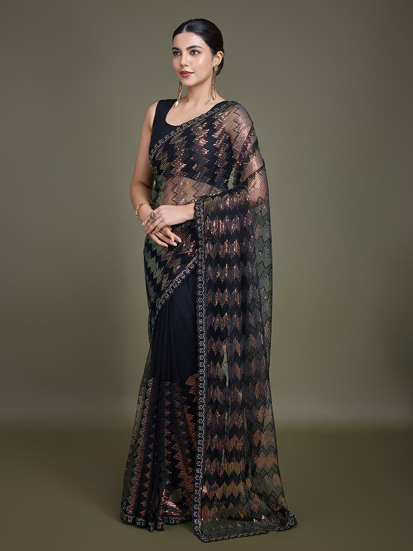 Monjolika Fashion Sequin Black Color Net Ultimate Party Wear Fashion Saree